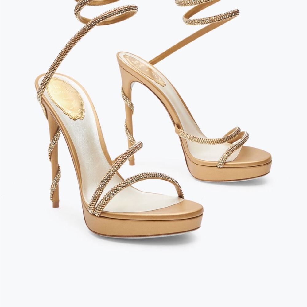 Rene Caovilla Gold Stiletto Heels with Ankle Wrap 130 heel